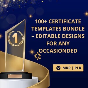 Paquete de más de 100 plantillas de certificados editables (MRR y PLR) / Diseños profesionales de premios, diplomas y reconocimientos