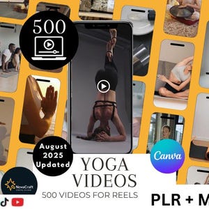 Op de afbeelding: Promotieafbeelding met yoga-video's. Een smartphone in het midden toont een vrouw in een kopstand. De afbeelding bevat de tekst "YOGA VIDEOS" en "500 VIDEOS FOR REELS". Extra tekst is "August 2025 Updated" en "PLR + MMR".