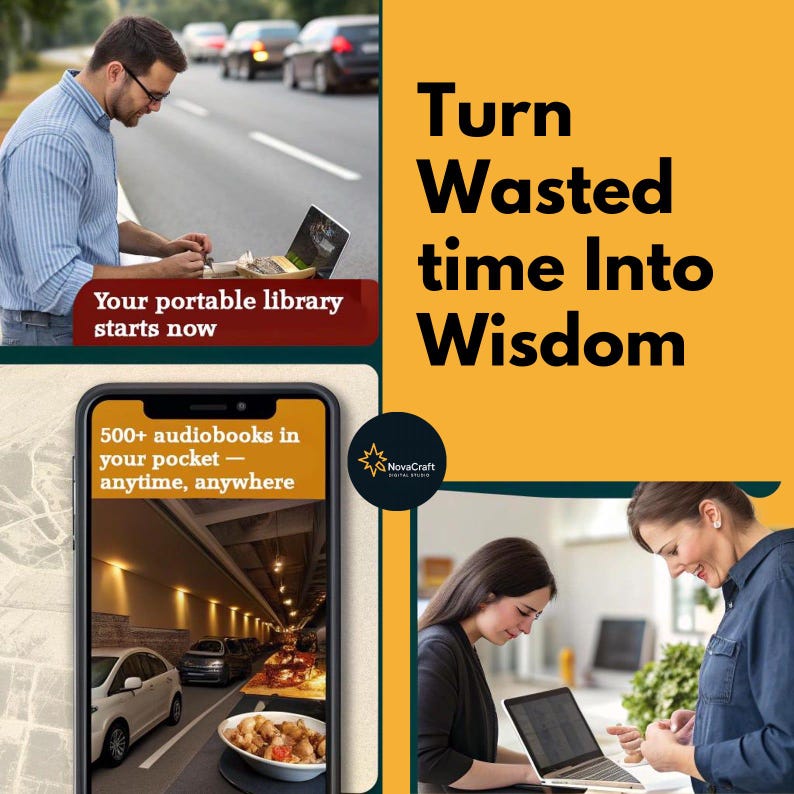 May include: An advertisement with the text "Turn Wasted time Into Wisdom." The image shows a person using a laptop on the side of a road, and a smartphone displaying "500+ audiobooks in your pocket - anytime, anywhere."