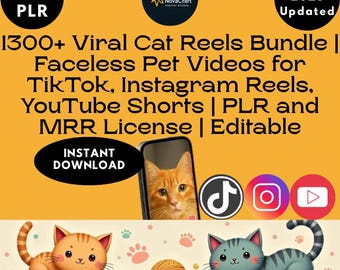 Puede incluir: Anuncio de producto digital sobre fondo amarillo brillante. El texto anuncia un "Paquete de 1300+ Reels de Gatos Virales" con etiquetas "Descarga Instantánea" y "Actualizado Agosto 2025". La imagen incluye ilustraciones de gatos, un teléfono con imagen de gato e iconos de redes sociales.