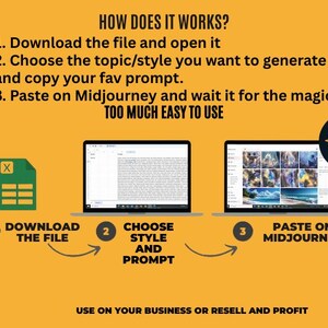Puede incluir: Una infograf&iacute;a con fondo amarillo que detalla un proceso de tres pasos. Incluye un icono de archivo Excel verde, dos port&aacute;tiles que muestran texto e im&aacute;genes, y el texto "HOW DOES IT WORKS?" y "TOO MUCH EASY TO USE". El logotipo de NovaCraft est&aacute; en la parte superior derecha.