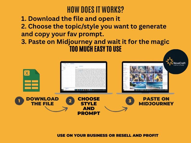 Puede incluir: Una infograf&iacute;a con fondo amarillo que detalla un proceso de tres pasos. Incluye un icono de archivo Excel verde, dos port&aacute;tiles que muestran texto e im&aacute;genes, y el texto "HOW DOES IT WORKS?" y "TOO MUCH EASY TO USE". El logotipo de NovaCraft est&aacute; en la parte superior derecha.