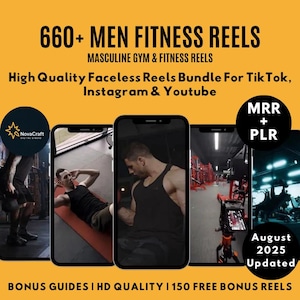 以下が含まれることがあります： フィットネスリールバンドルの広告。画像には、ワークアウトビデオを表示する3つのスマートフォンがあり、「660+ MEN FITNESS REELS」と「High Quality Faceless Reels Bundle For TikTok、Instagram & YouTube」というテキストが表示されています。