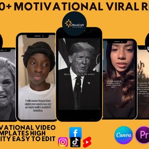 May include: An advertisement for motivational video templates. The image shows several smartphones displaying video reels, with text overlaying the image. The background is yellow with social media icons and editing software logos.