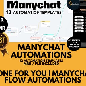 May include: An orange graphic promoting "Manychat Automations" with "12 Automation Templates." A smartphone shows product links. The image includes a "Best Seller" badge and the text "September 2025 Version Updated."