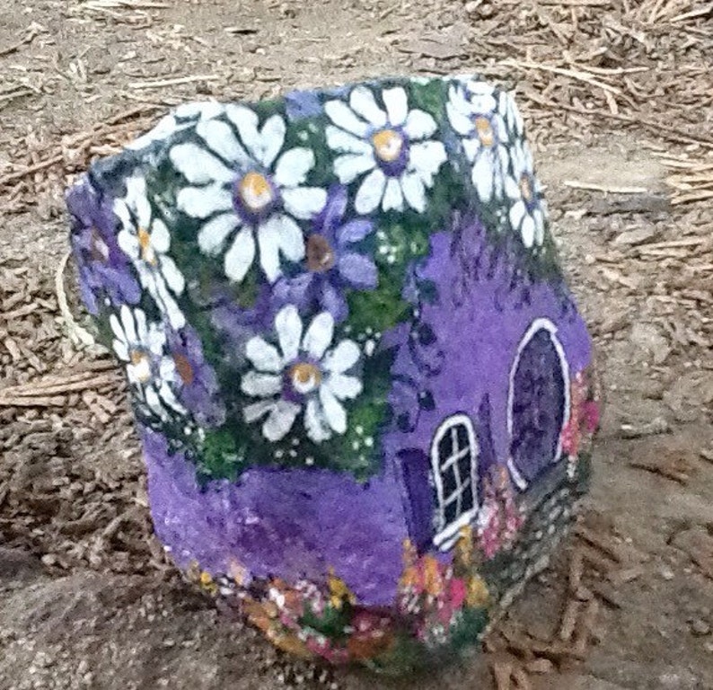 PURPLE DAISY HOUSE hand painted garden rock Etsy