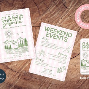 Camp Bach Party Invitation | Editable Glamping Bachelorette Invite | Camp Theme | Girls Weekend Itinerary Included | Canva Template