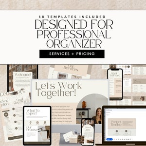 May include: A collage of digital templates for professional organisers. The templates are designed in a minimalist style with a neutral colour palette of beige and white. The text on the templates includes phrases like "Let's Work Together!" and "What To Expect".