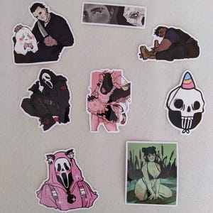 May include: A set of 10 horror-themed stickers featuring characters from popular horror movies. The stickers are printed on high-quality vinyl and are waterproof and durable. They are perfect for decorating laptops, water bottles, notebooks, and more.