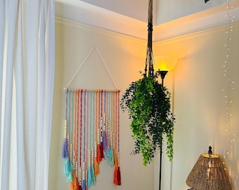 Pode incluir: Uma tapeçaria de macramê colorida com franjas e contas de madeira. A tapeçaria está em um esquema de cores arco-íris com fios vermelhos, laranja, amarelos, verdes, azuis, índigos e violetas. A tapeçaria é exibida em uma parede branca com uma planta verde frondosa pendurada no teto ao fundo.