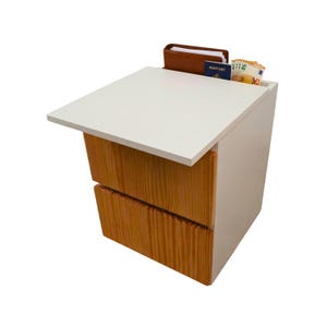 White nightstand with pine fronts and NFC lock App TTLock, hidden compartment furniture, camouflaged safe, secure design Beetle Wood