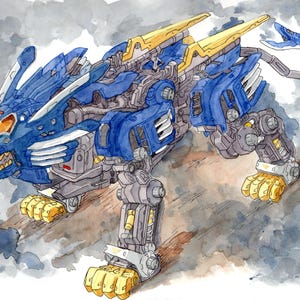 Puede incluir: Ilustración en acuarela de una criatura robótica con forma de león. La figura es principalmente azul con acentos amarillos y grises. Tiene grandes dientes, detalles mecánicos y una cola con una estructura similar a una aleta. El fondo es un lavado de acuarela.