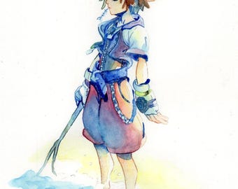 Sora Watercolor Art Print, Kingdom Hearts Fan Art