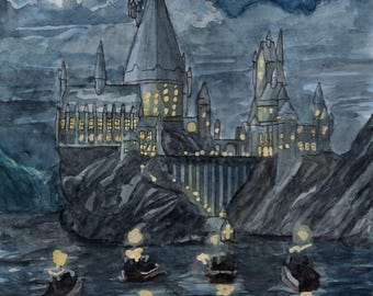 Hogwarts Watercolor Print, Moonlit Night Scene (8.5x11)