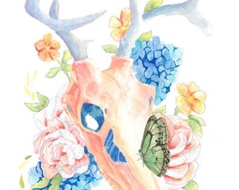 Deer Skull Floral Print | Watercolor Butterfly Art