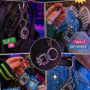 May include: A retro Digi Pet keychain with a silver keyring. The keychain is shown clipped to a backpack, held in a hand, and attached to a belt loop. The image includes text that reads "90s Retro Digi Pet Keychain", "Clip it on", "Take it anywhere", "100% 90s Vibes", and "Y2K Style Alert".