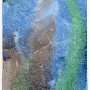May include: Abstract painting on canvas with a textured surface. The artwork features a blend of blue, green, and brown hues, creating a layered effect. The artist's signature is visible in the bottom right corner.