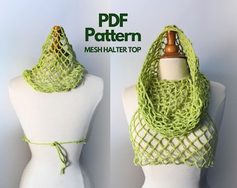 May include: A lime green mesh halter top, shown on a mannequin. The crochet pattern features a halter neck and a tie at the back. The image includes the text "PDF Pattern MESH HALTER TOP".