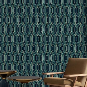 Art-Deco-Geometrische Tapete, Smaragdgrün und Goldschale und Stick, Vintage Geometrische Tapete, 1920er Jahre inspirierte Tapete, Luxuriöses Wohndekor