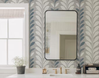 Blue & Gray Botanical Stripe Wallpaper: Traditional Paper for Costal Bathroom Wall Decor