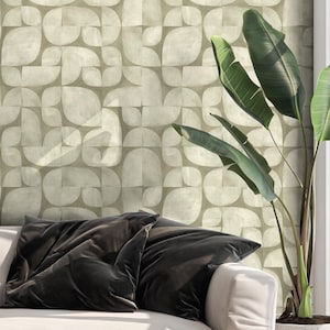 Carta da parati verde Mid-Century, forme geometriche staccabili e attaccabili, carta da parati astratta naturale Boho, verde salvia rimovibile, arredamento scandinavo per la casa