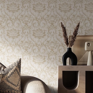 Carta da parati floreale classica beige, stacca e attacca, carta da parati rimovibile di ispirazione vintage, autoadesiva, decorazione da parete per soggiorno in stile tradizionale