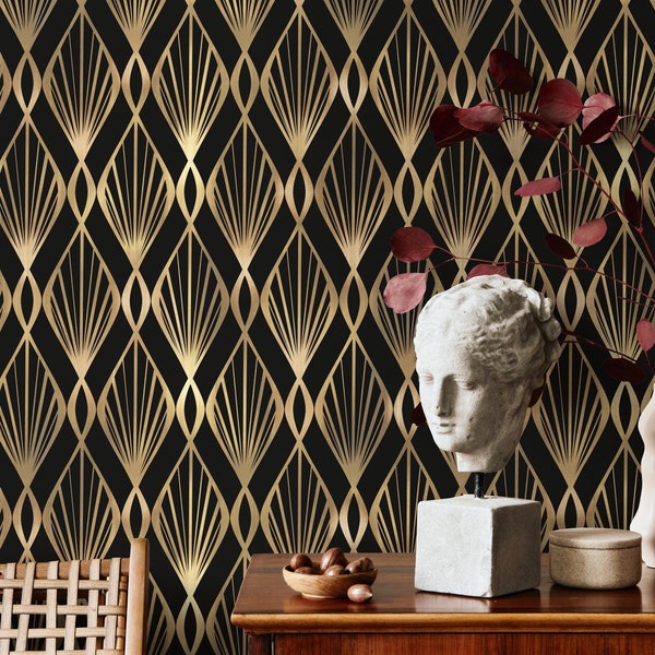 Gold and Black Art Deco Peel and Stick Wallpaper