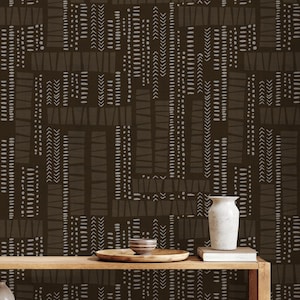 Afrikanische Stammes-Tapete, dunkelbraunes ethnisches Schälen und Aufkleben, moderne Tapete aus Schlammstoff, neutrales geometrisches Design, rustikale afrikanische Wanddekoration