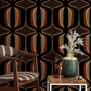 Carta da parati geometrica retrò - Rivestimento murale nero e arancione audace per soggiorno o ufficio di ispirazione vintage - Opzione rimovibile stacca e attacca