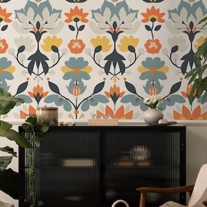 Carta da parati floreale scandinava moderna - Design vivace di tulipani arancioni e blu - Stacca e attacca - Perfetta per il soggiorno o per pareti decorative