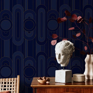 Carta da parati geometrica Art Déco, blu scuro e oro stacca e attacca, carta da parati geometrica vintage, carta da parati ispirata a Gatsby, arredamento di lusso per la casa