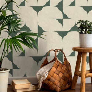 Green and Beige Geometric Wallpaper, Scandinavian Minimalist Peel and Stick Wall Décor, Removable Modern Abstract Wall Design for Home Decor