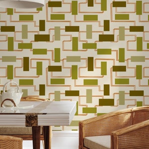 Mid-Century Geometric Wallpaper, Abstract Rectangles Peel and Stick, Sage Green Geometric Wallpaper, Bold Lines Wallpaper, Vintage Inspired
