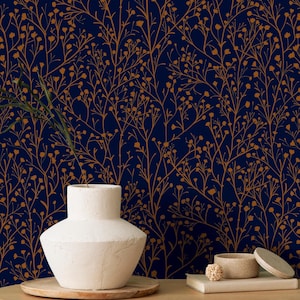 Navy Blue Floral Wallpaper, Peel and Stick, Removable, Elegant Dark Floral WallArt, Midnight Garden Wallcovering, Rustic Home Decor
