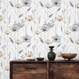 Beige and Gray Wildflowers Wallpaper, Floral Peel and Stick Wallpaper, Minimal Daisy Line, Removable, Bohemian Neutral Botanical Wall Decor,