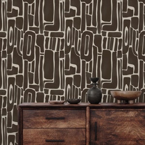 Abstrakte Afrikanische Tapete, Moderne Tribal Tapete, Geometrische Tapete, Braune und Beige Ethnische Tapete, Boho Wohndekor