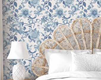 Papel pintado de toile floral azul: Mural autoadhesivo de estilo rústico francés vintage