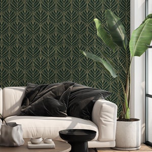 Luxuriöse dunkelgrüne geometrische Tapete - Elegante Golddetails für stilvolle Wohndekoration - Abnehmbare Art-Deco-Tapete