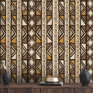 Afrikanische Tapete, Schlammgewebe, Braun und Beige Abziehbare Tapete, Geometrische Tapete, Ethno Motiv Tapete, Boho Wohndekor