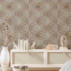 Beige and Gold Circular Wallpaper, Mid-Century Modern Peel and Stick, Abstract Retro Wallpaper, Vintage Inspired, Calm Luxury Home Decor
