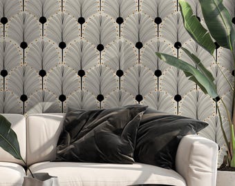 Art Deco Fan Wallpaper: Beige & Black Glam Peel and Stick Wall Mural
