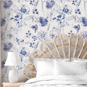 Blue Floral Peel and Stick Wallpaper: Vintage Botanical Wallcovering