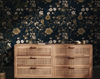 Dark Navy Floral Wallpaper: Gothic Botanical Wall Art