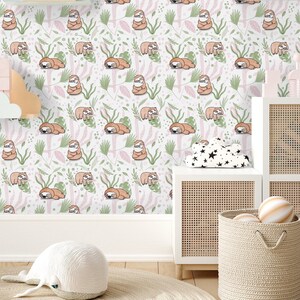 Papel tapiz de pereza y hojas, lindo animal despegable y adhesivo, papel tapiz infantil de dibujos animados en acuarela, papel tapiz verde y rosa, decoración acogedora para habitación con animales