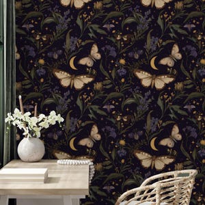 Butterfly Moth Wallpaper: Dark Celestial Night Garden Peel and Stick