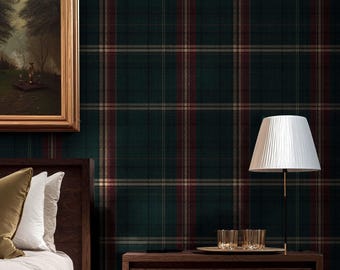 Hunter Green Plaid Wallpaper –  Peel and Stick or Traditional | Moody Gentleman's Study Wall Decor
