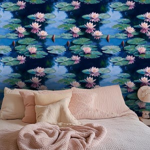 Bassin aux nénuphars Papier peint | Décoration murale tranquille inspirée de Monet pour la salle de bain ou le coin lecture - Autocollant mural pour chambre à coucher de rêve