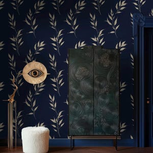 Carta da parati a foglie blu navy, minimalista botanica staccabile e attaccabile, elegante murale a foglie, design ispirato alla natura, estetica domestica senza tempo
