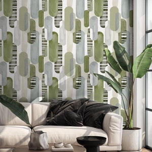Carta da parati geometrica verde acquerello, verde salvia astratto staccabile e attaccabile, design naturale rimovibile, elegante decorazione da parete scandinava moderna
