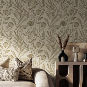 Beige floreale minimalista Peel and Stick - carta da parati con accenti botanici boho, design artistico lineare Leafly, autoadesiva, arredamento moderno per la casa